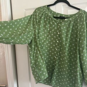 Ann Taylor Factory Green Puff Sleeve Blouse with Boxy Fit